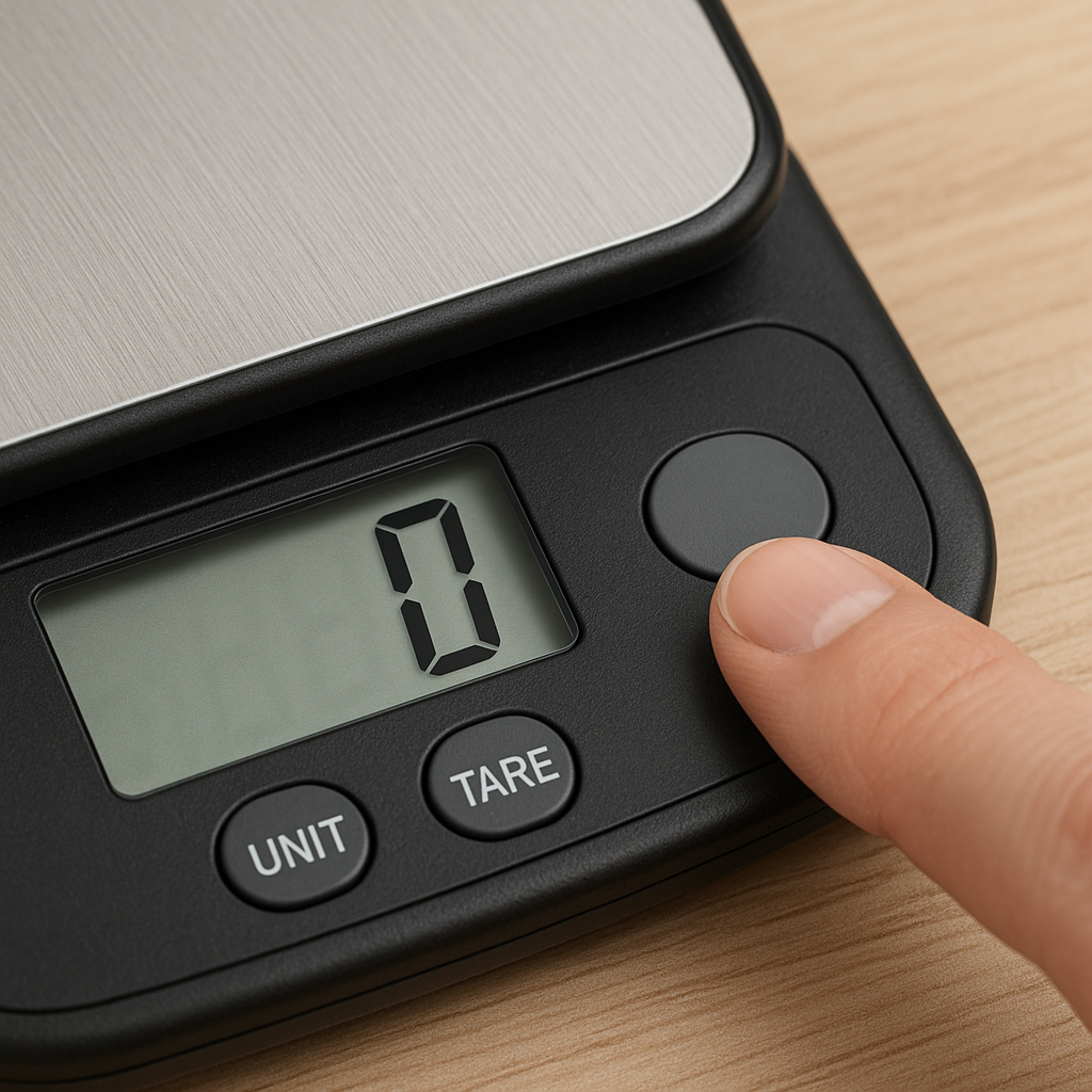 Close-up shot of a tare button on a modern digital kitchen scale with a hand pressing it. Alt: Pressing tare button on a digital kitchen scale with tare function free delivery UK.