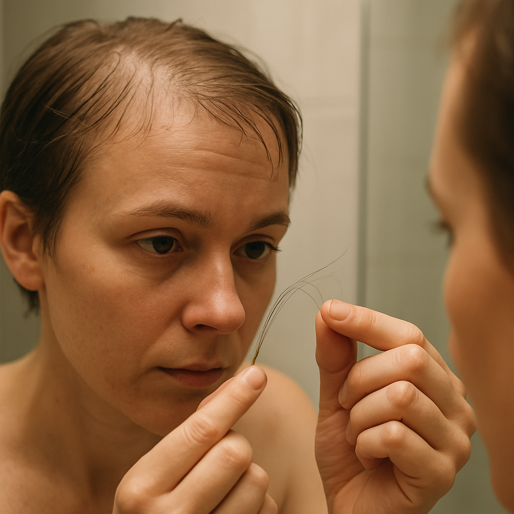 Close‑up of a person examining their fine hair texture in a bathroom mirror, hands holding a damp strand. Alt: Assessing fine hair type for hair thickening spray for fine hair.