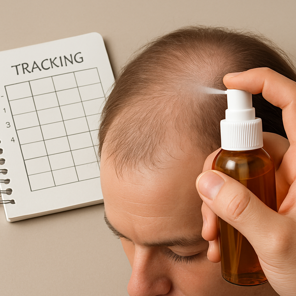 A close‑up of a person’s hand holding a spray bottle near the scalp, misting fine hair while a notebook with a simple tracking chart lies beside it. Alt: monitoring hair thickening spray results for fine hair.