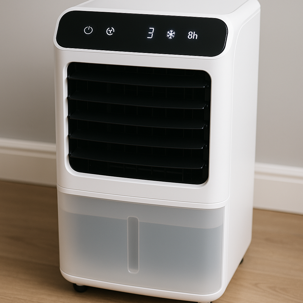 Close-up of a modern portable air cooler UK model with touchscreen controls and water tank. Alt: Portable air cooler UK with user-friendly features and large water tank.