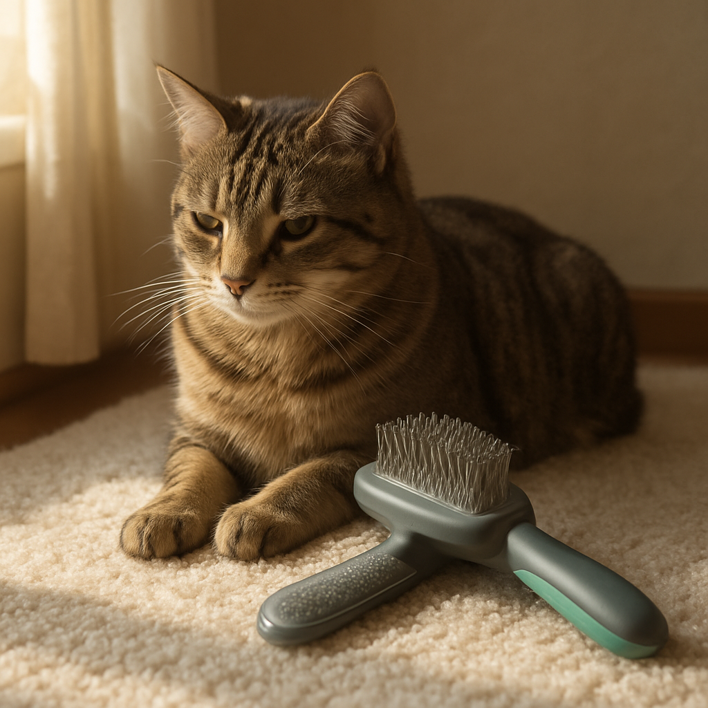 A calm domestic cat perched on a soft rug while a sleek self cleaning cat brush rests beside it, bristles slightly lifted, gentle sunlight streaming through a nearby window. Alt: cat grooming with self cleaning cat brush