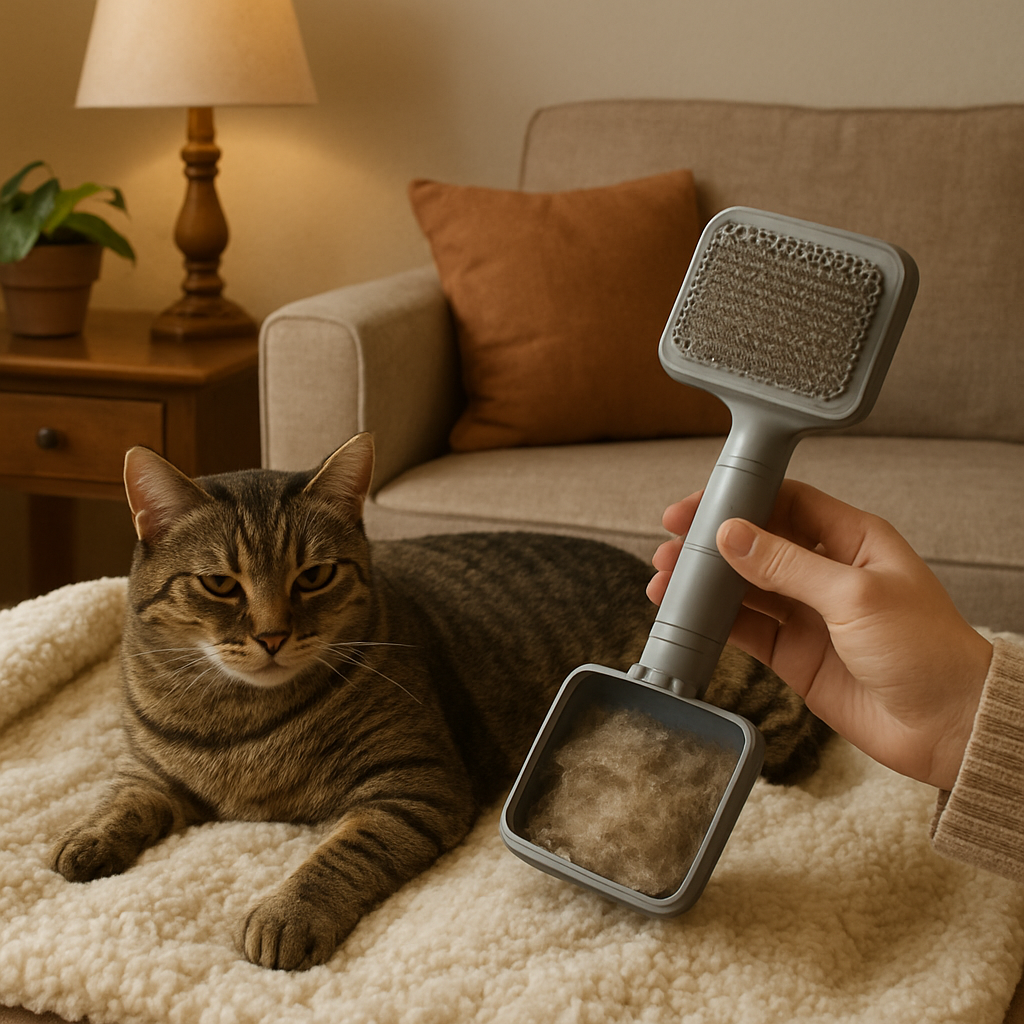 A cozy living room corner with a cat lounging on a soft blanket while a person holds a self cleaning cat brush, showing the brush’s tray open with fur collected. Alt: self cleaning cat brush comparison table beside the cat.
