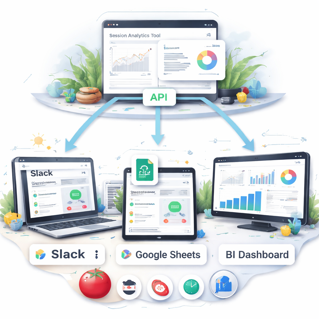 An illustration of a workflow diagram showing a session analytics tool exporting data via API, feeding into Slack, Google Sheets, and a BI dashboard, with Pomodoro timer icons and focus metrics highlighted. Alt: session analytics tool integration workflow showing data flowing into common productivity apps.