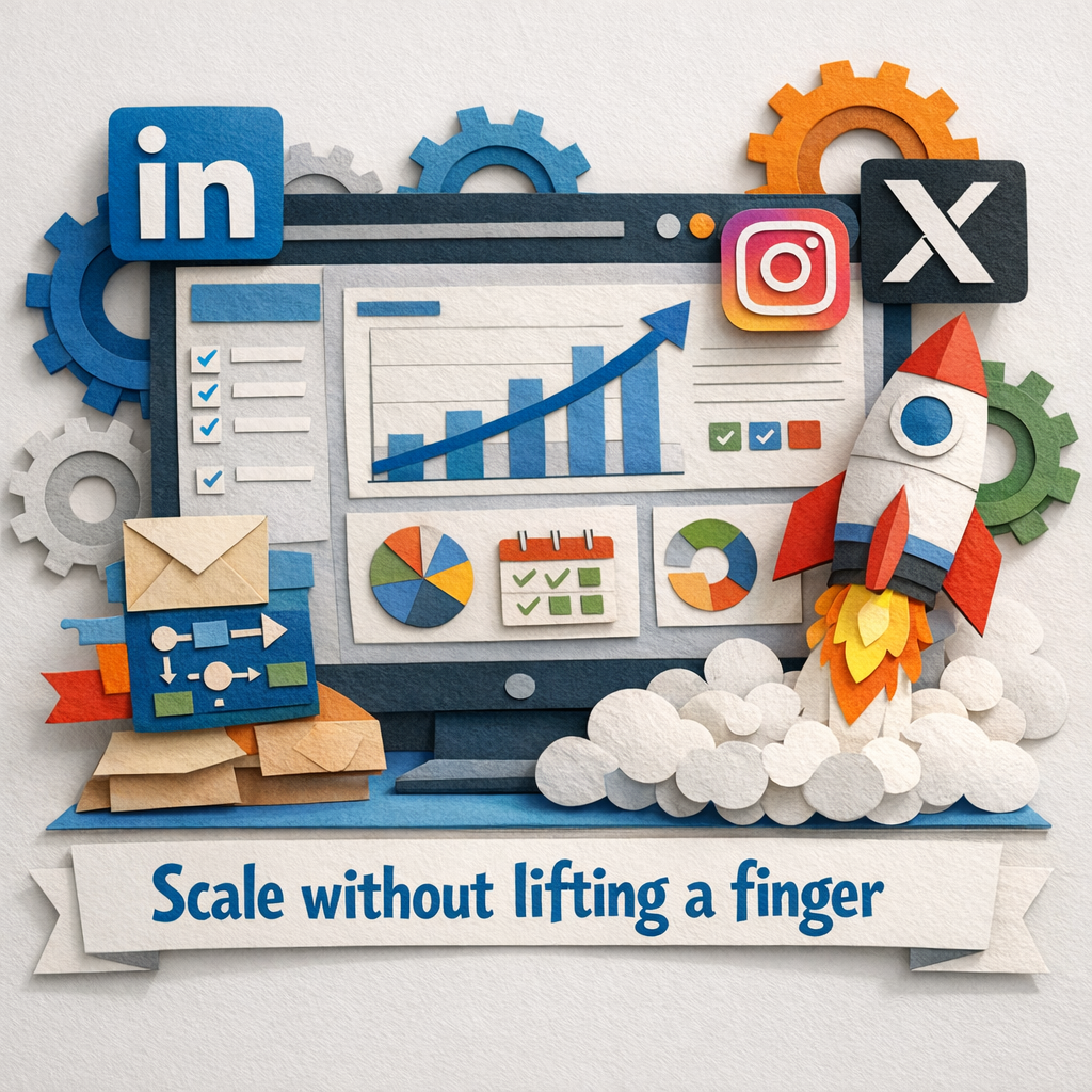 A Papercraft meme‑style illustration of a social media automation platform dashboard with gear icons, LinkedIn, Instagram, X logos, and a rocket blasting upward, captioned “Scale without lifting a finger”. Alt: Social media automation platform scaling with advanced features and integrations.