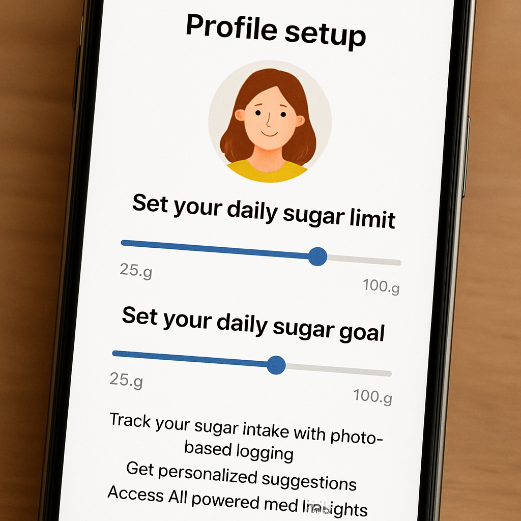 A friendly smartphone screen showing the profile setup screen of a sugar intake tracker app, with sliders for daily sugar limit and a cheerful avatar. Alt: Sugar intake tracker app profile setup with daily goal sliders
