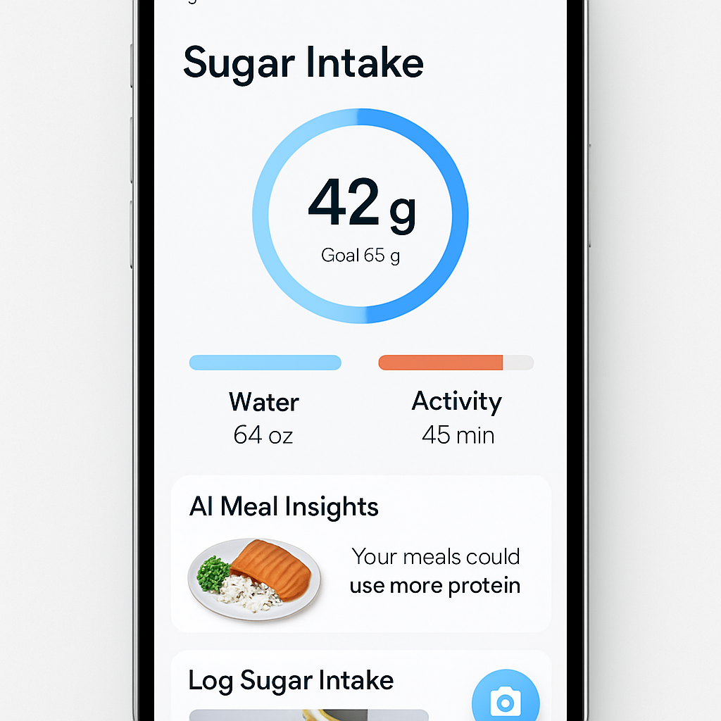 A smartphone screen showing a sugar intake tracker app dashboard with synced water intake and activity rings. Alt: sugar intake tracker app synced hydration activity dashboard
