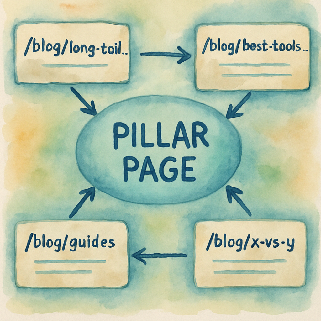 Illustration of a hub‑and‑spoke diagram showing a pillar page linked to multiple sub‑topic pages, with arrows indicating internal linking. Alt: topic cluster generator visual guide