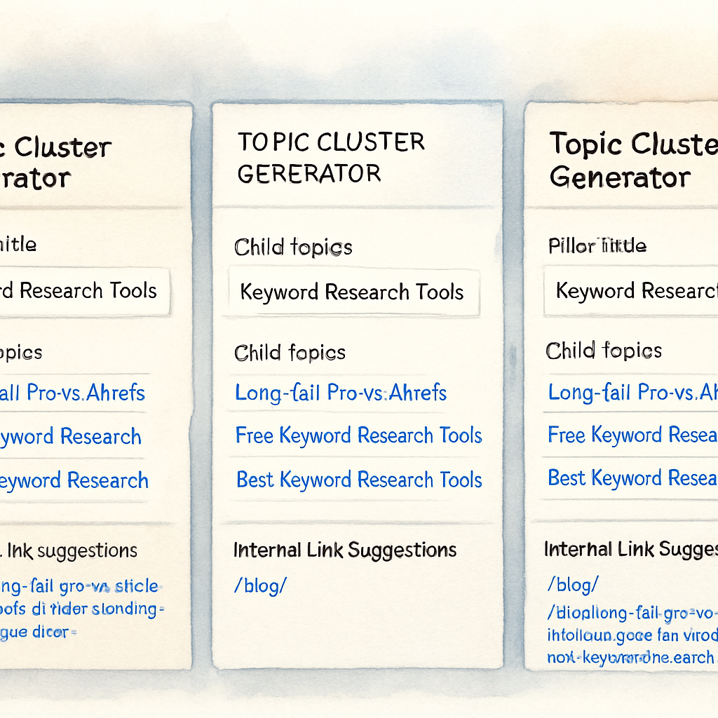 A side‑by‑side screenshot of three topic cluster generator dashboards, highlighting pillar title, child topics, and internal link suggestions. Alt: Comparison of top topic cluster generator interfaces