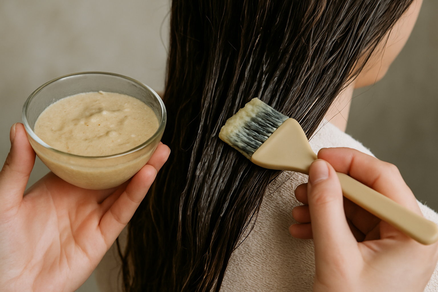 Homemade vegan hair mask being applied to hair strands. Alt: vegan hair mask for damaged hair application