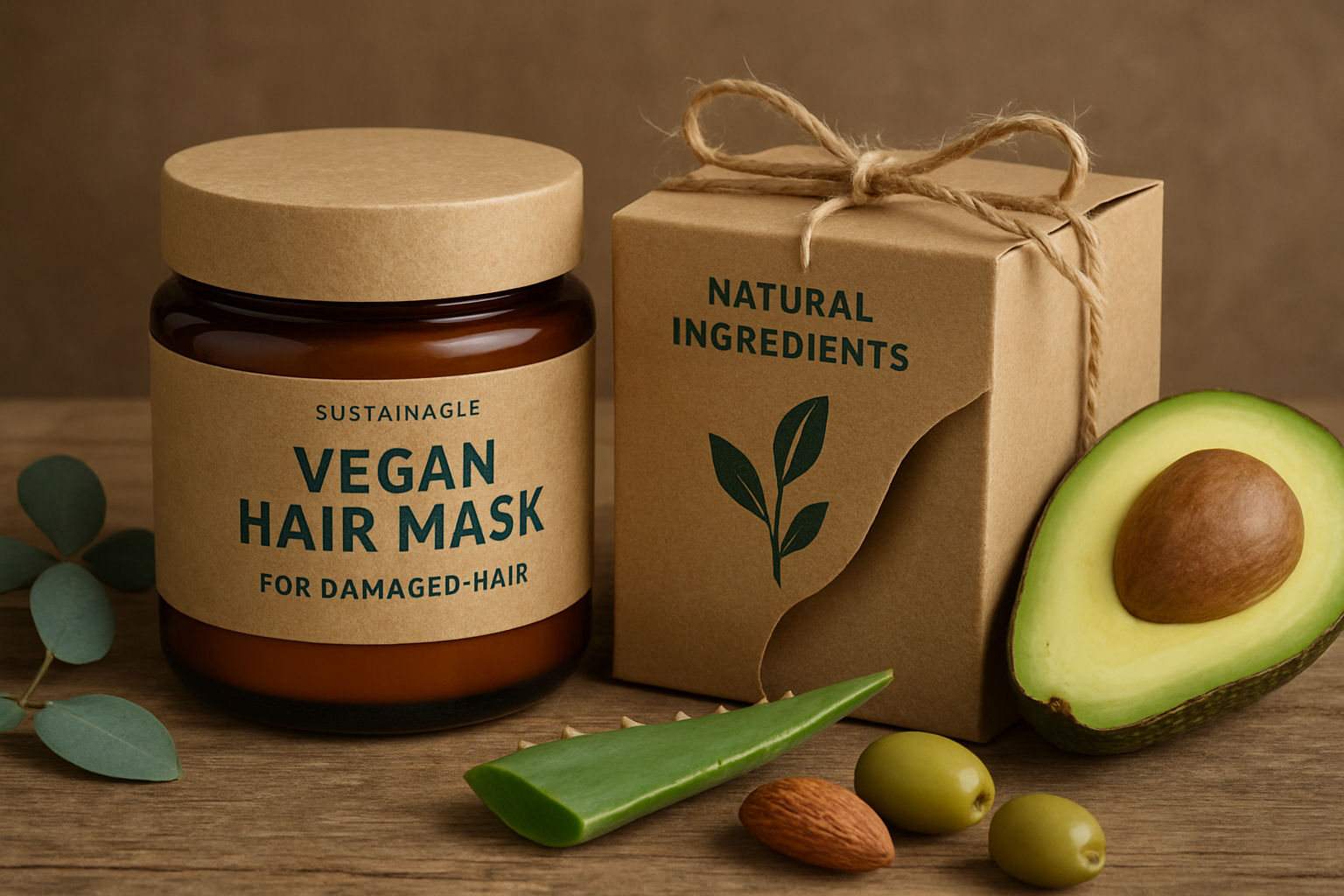 Illustration of sustainable packaging and natural ingredients for vegan hair masks. Alt: sustainable vegan hair mask for damaged hair packaging