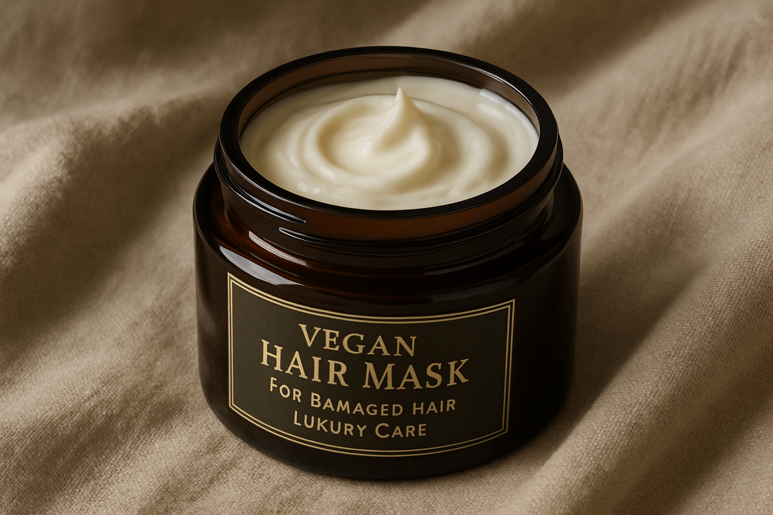 Luxurious vegan hair mask jar open on a natural linen cloth. Alt: vegan hair mask for damaged hair luxury care