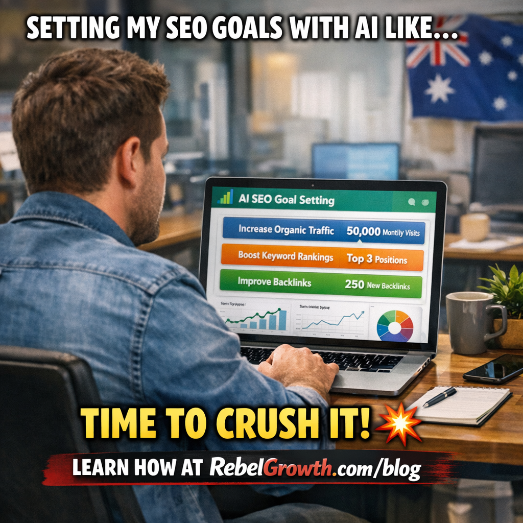 A photorealistic scene of a digital marketing manager at a desk, looking at a laptop screen displaying an AI SEO tool dashboard with goal metrics highlighted, realistic office lighting, Australian flag subtly in background, realistic style. Alt: AI SEO tool goal‑setting dashboard in realistic office setting.