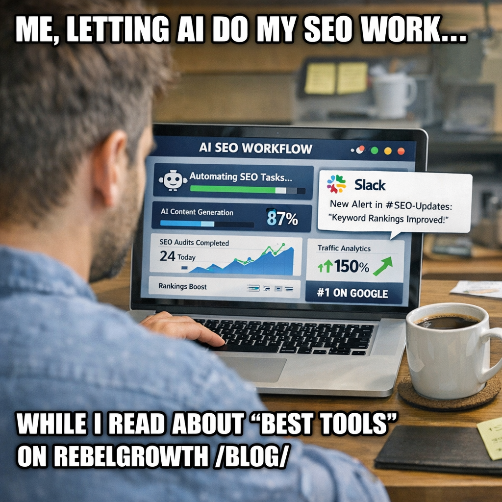 A photorealistic scene of a marketer sitting at a desk, monitoring an AI SEO workflow dashboard on a laptop, with automated charts, Slack notifications, and a coffee mug. Alt: AI SEO tool workflow automation in action.