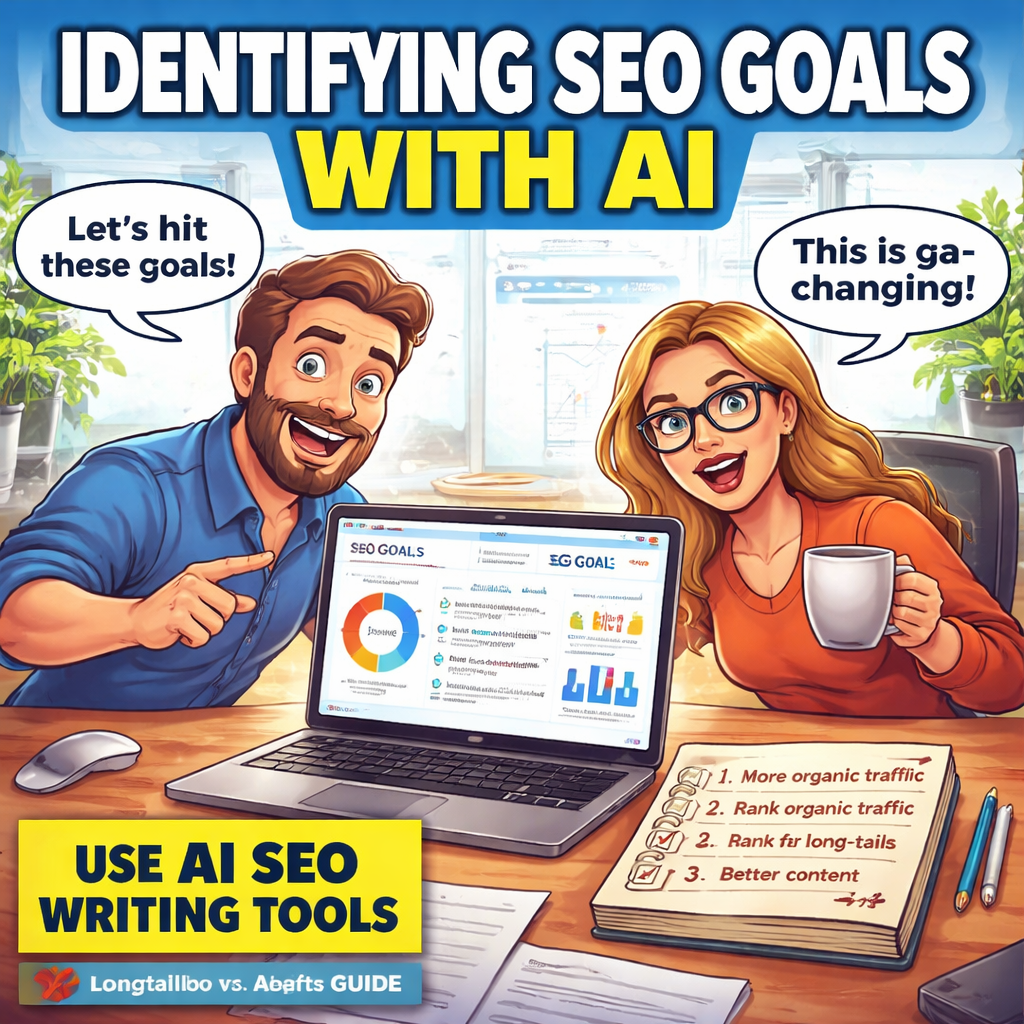 A modern home office desk with a laptop displaying an SEO dashboard, a notebook with handwritten goals, and a coffee mug. Alt: Identify SEO goals with AI SEO writing tool