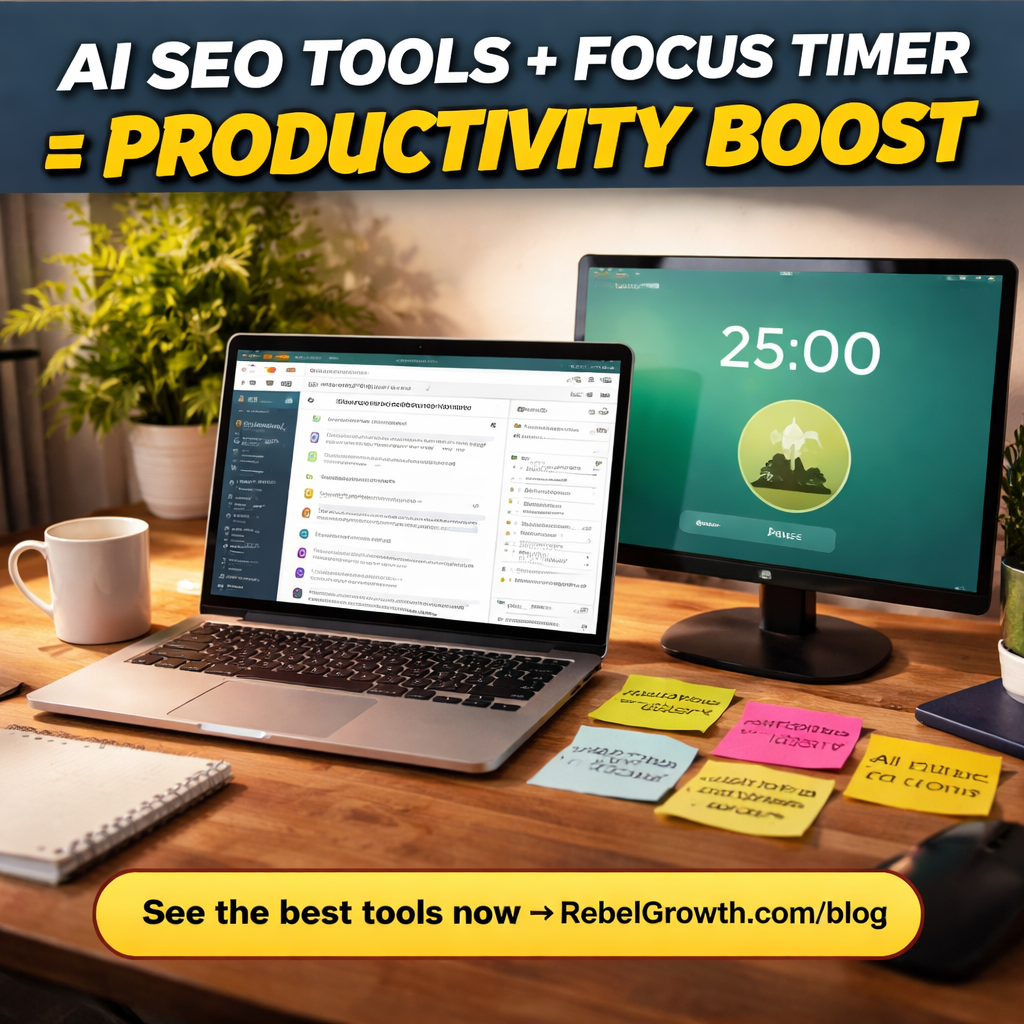 A modern home office with a laptop showing an AI SEO writing tool dashboard, coffee mug, sticky notes with keyword ideas, and a focus‑timer app visible on a second screen. Alt: AI SEO writing tool workflow with focus timer integration.