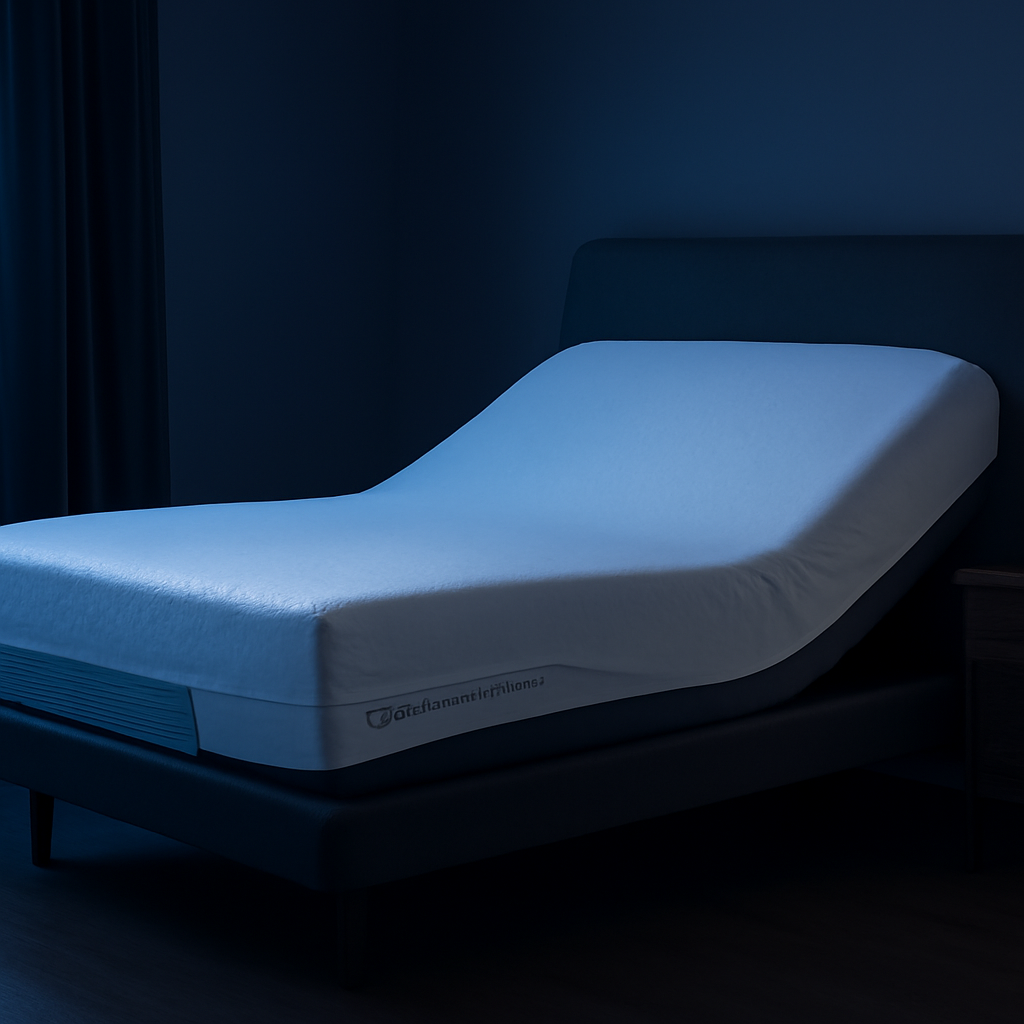 A bedroom with a sleek electric adjustable bed, a visible antimicrobial mattress protector, and a nightstand holding a water bottle. The scene shows a calm, dark room with a subtle blue glow. Alt: Electric adjustable bed with antimicrobial mattress protector.