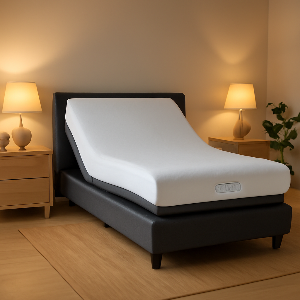 A modern Australian bedroom featuring a Sleep Sophie adjustable bed topped with an antimicrobial mattress protector, soft ambient lighting, and a bamboo mat. Alt: Antimicrobial mattress protector on adjustable bed.