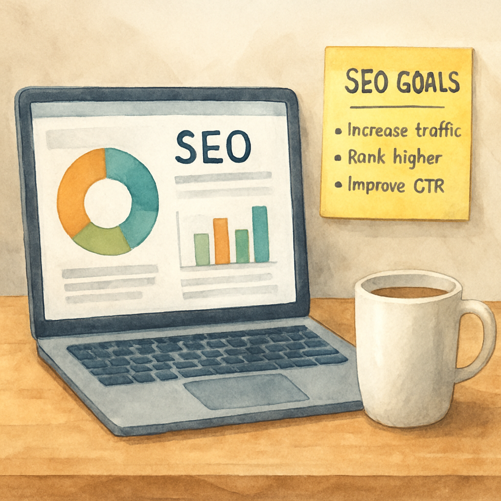 A modern workspace with a laptop displaying an SEO dashboard, coffee mug, and sticky notes outlining SEO goals. Alt: "Identify SEO goals and needs with automated SEO tool"