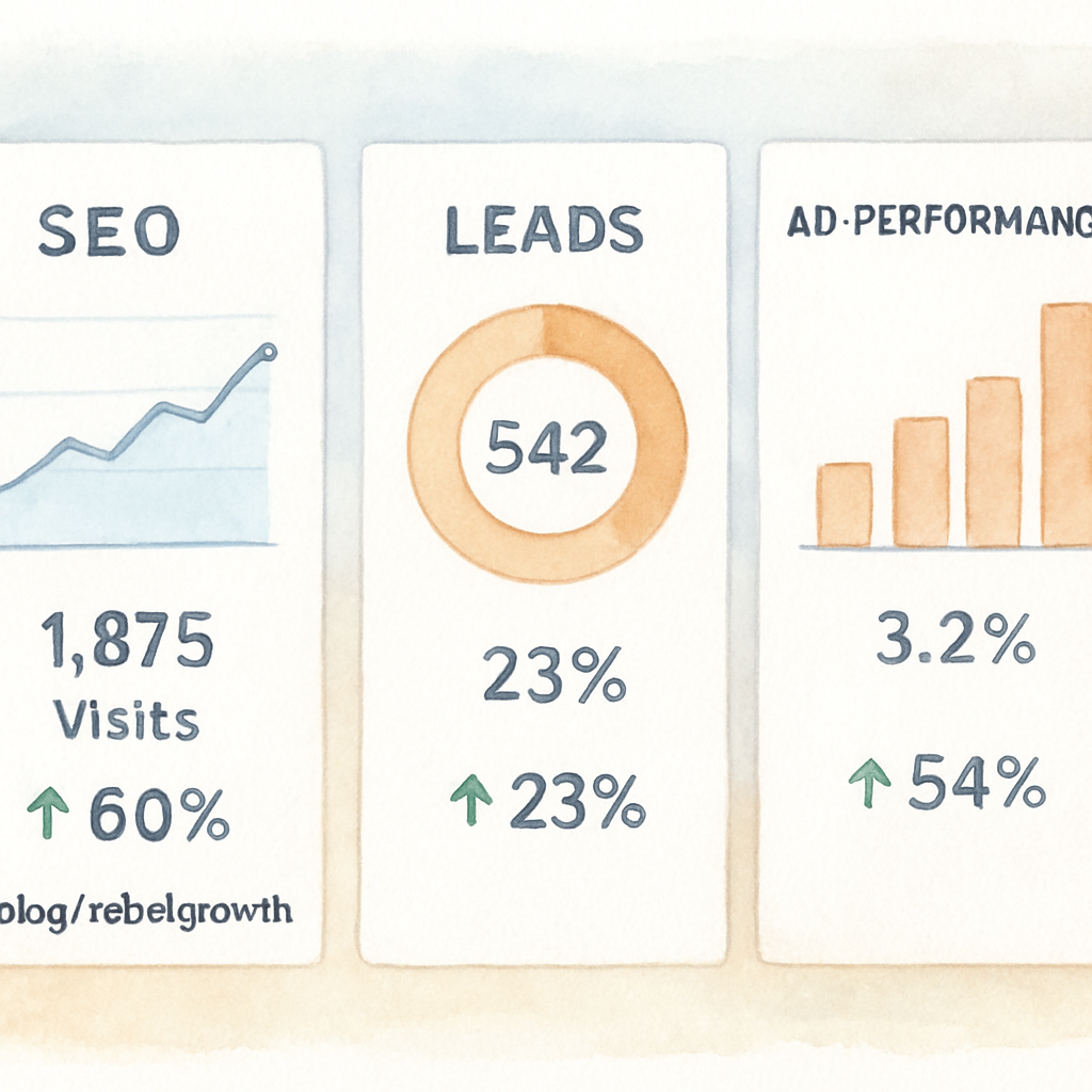 A dashboard screen showing SEO metrics, lead counts, and ad performance side‑by‑side. Alt: Integrated SEO and marketing dashboard visualizing key performance indicators