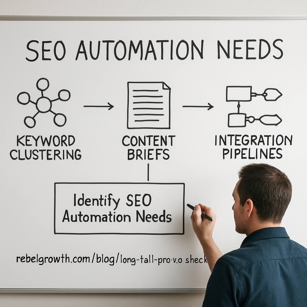 An AI‑generated illustration of a marketer mapping out SEO automation needs on a whiteboard, with icons for keyword clustering, content briefs, and integration pipelines. Alt: Identify SEO automation needs with visual planning board.