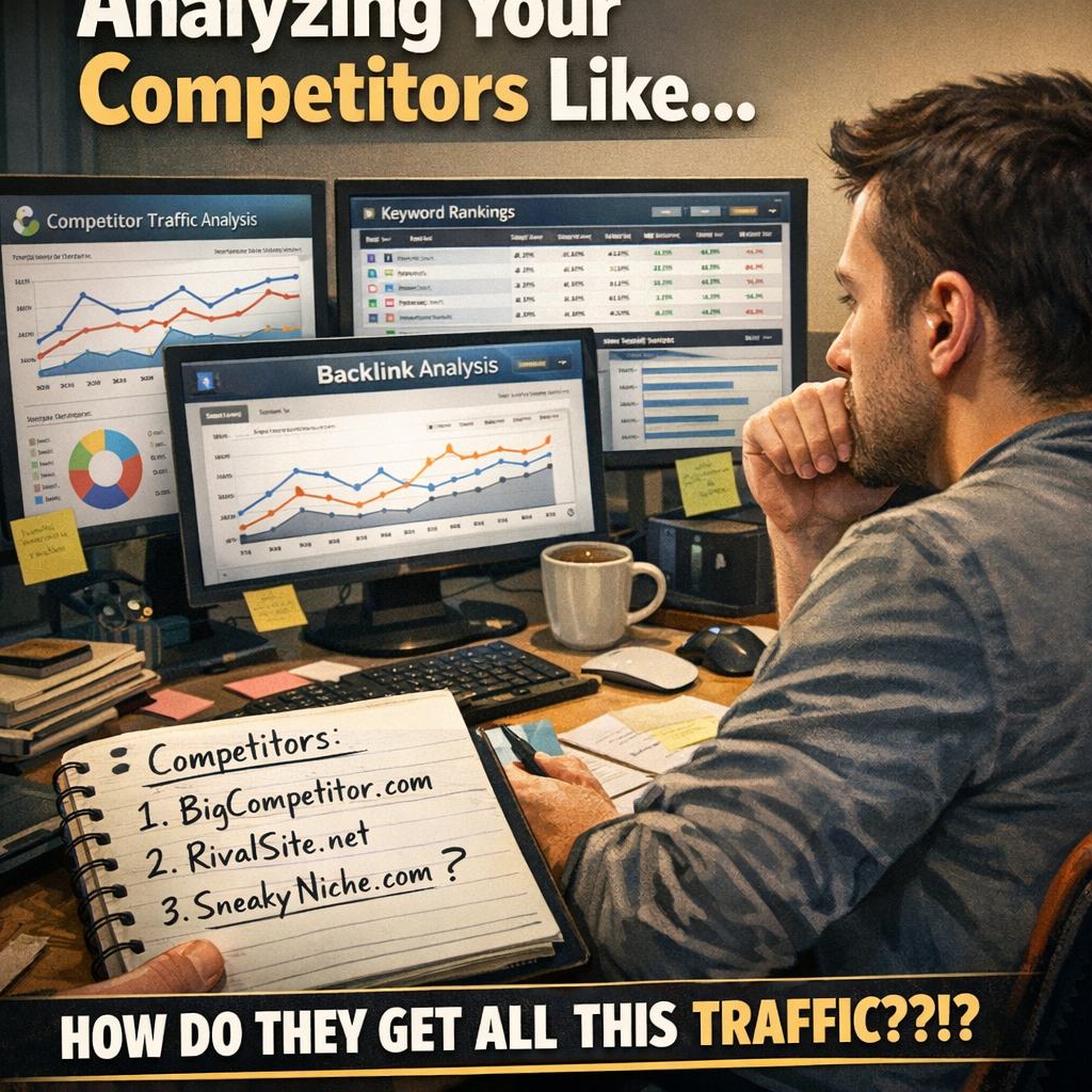 A photorealistic office scene showing a digital marketer at a desk, multiple monitors displaying competitor analysis dashboards, charts, and a notebook with handwritten competitor lists. Alt: seo competitor analysis tool visual guide for marketers.