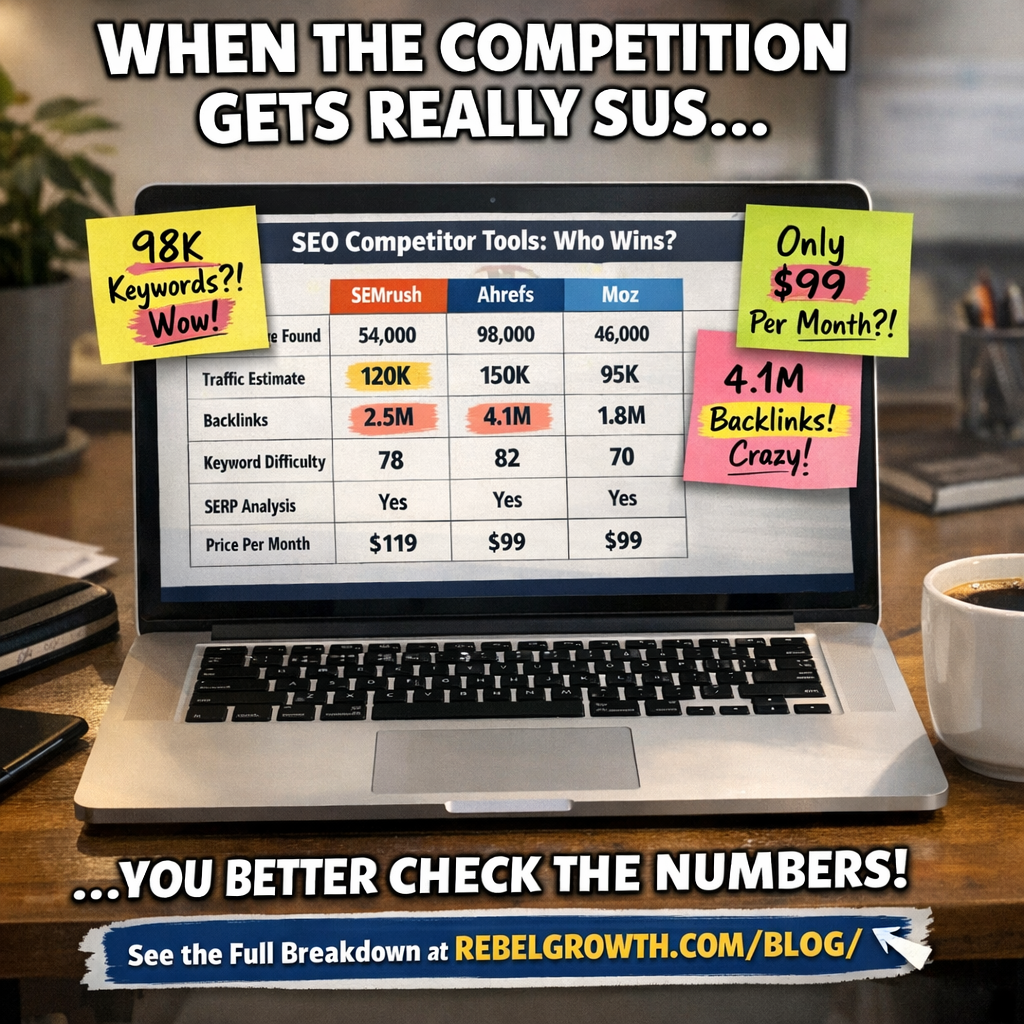 A photorealistic office desk with a laptop displaying a side‑by‑side comparison table of keyword metrics from multiple seo competitor analysis tools, sticky notes with highlighted outliers, and a coffee mug, realistic lighting, aimed at digital marketing managers.