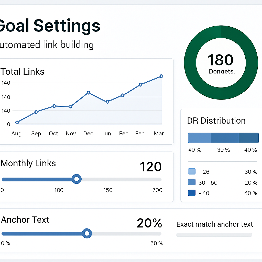 A clean, modern dashboard screen showing goal settings for automated link building software, with charts and sliders. Alt: Goal setting dashboard for automated link building software