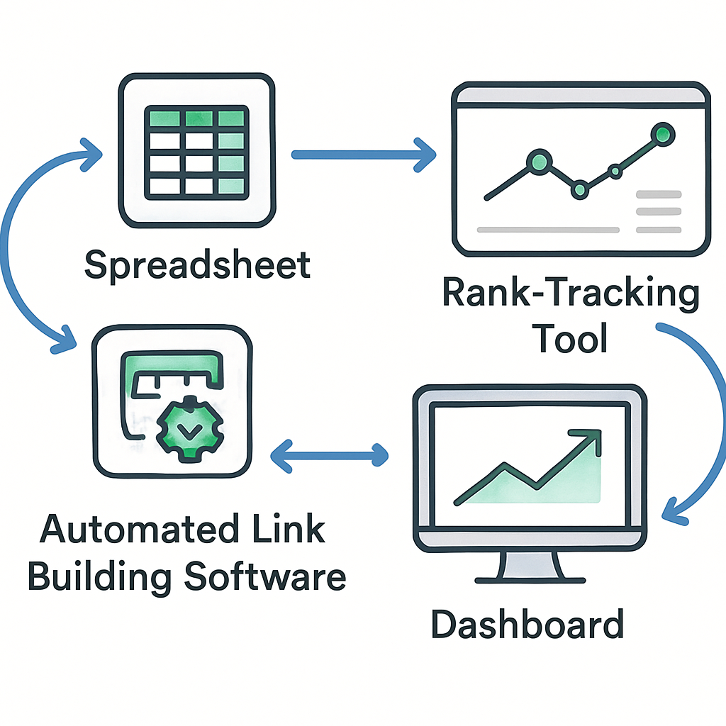 An illustration of a seamless flowchart connecting automated link building software, a spreadsheet, a rank‑tracking tool, and a dashboard, showing data moving smoothly between them. Alt: Automated link building software integrated with SEO workflow diagram