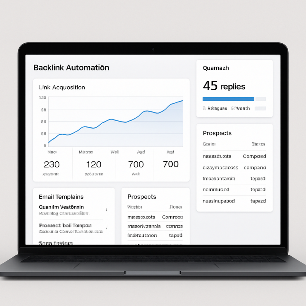A sleek laptop screen displaying a backlink automation dashboard with charts, email templates, and prospect lists. Alt: backlink automation software dashboard showing link acquisition metrics and outreach workflow.