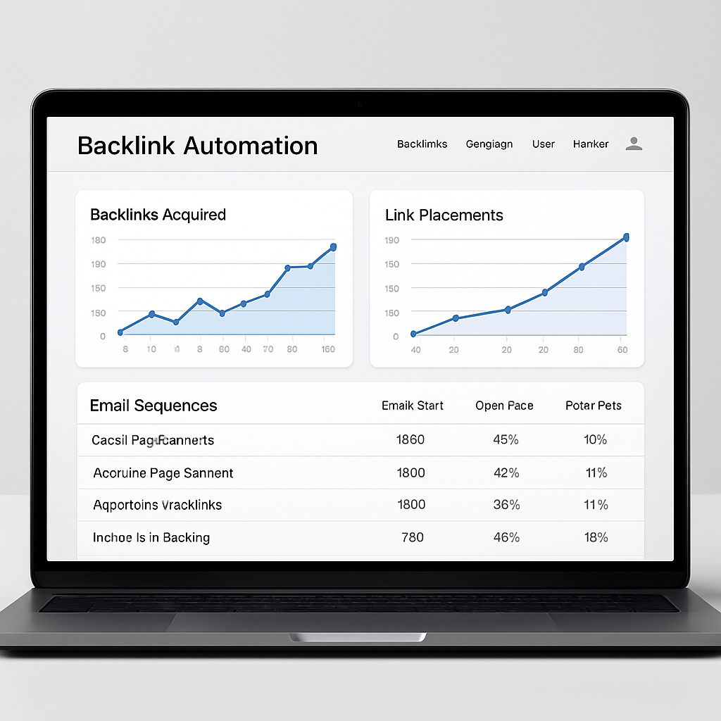 A sleek laptop screen showing a dashboard of backlink automation software with graphs and email sequences. Alt: backlink automation software dashboard.