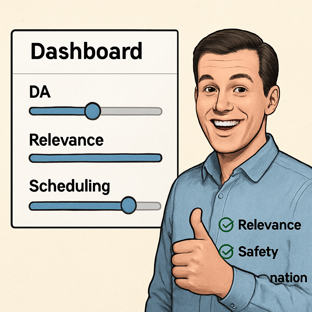 A meme‑style illustration of a dashboard with sliders for DA, relevance, and scheduling, showing a happy marketer giving a thumbs‑up. Alt: Backlink generator software feature checklist with icons for relevance, safety, and automation.