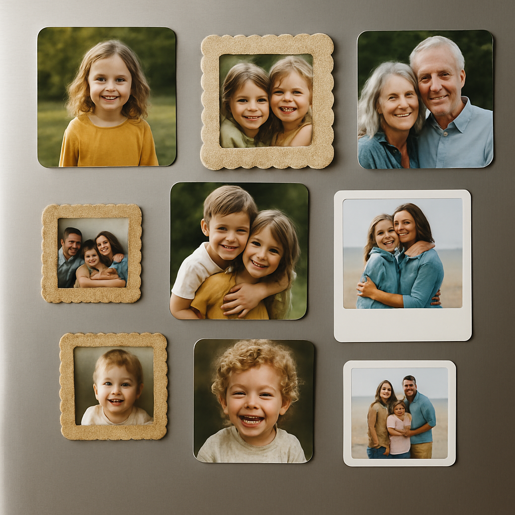 A close-up shot of a fridge door adorned with various picture magnets showcasing family photos, DIY magnets with handcrafted edges, and professionally printed photo magnets, illustrating the variety and styles discussed here. Alt: Picture magnets for fridge showing custom, DIY, and printed styles with varied sizes and finishes.