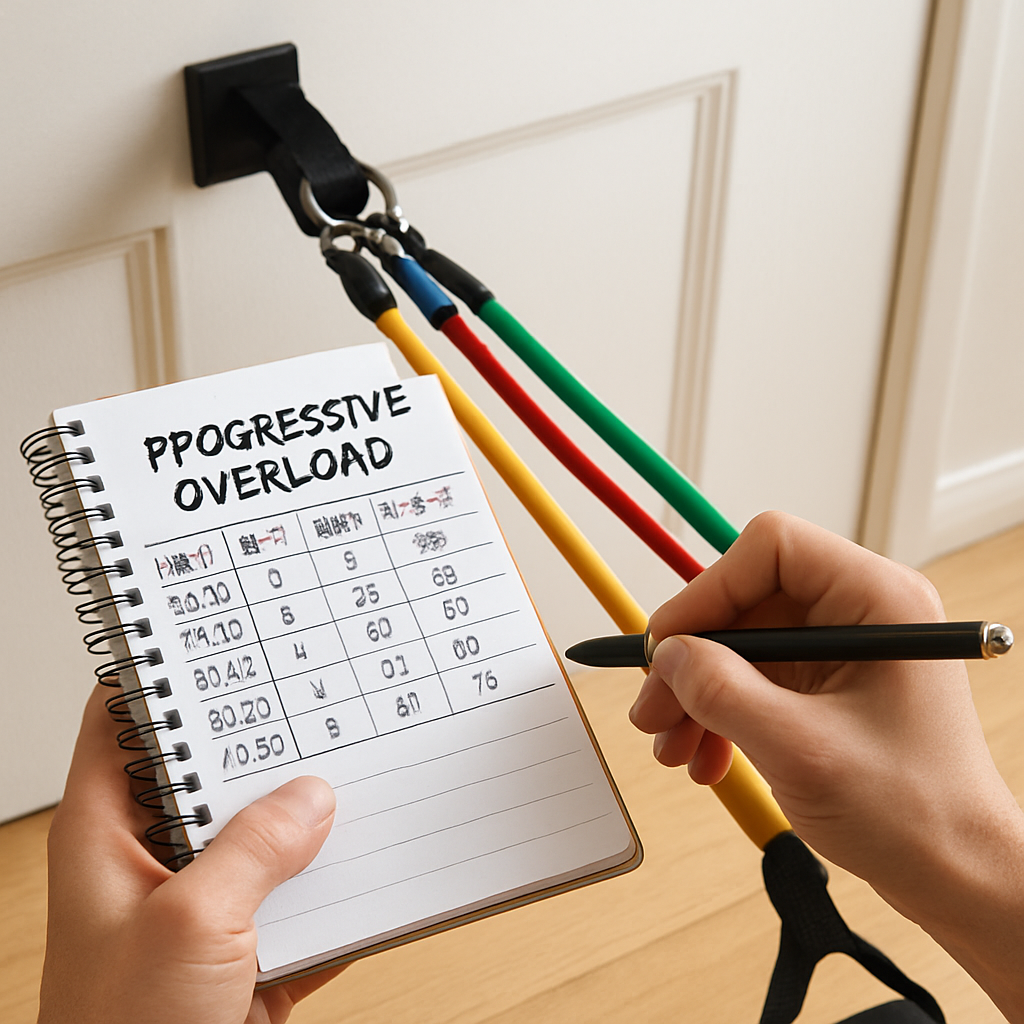 A person marking progressive overload on a notebook while using resistance bands with a door anchor. Alt: resistance bands with handles and door anchor progressive training tracking.