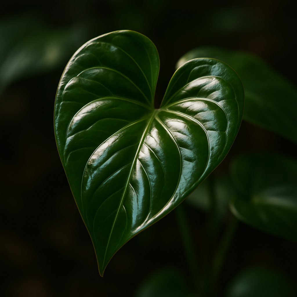 Close-up of a healthy Anthurium leaf gleaming under soft light, illustrating vibrant foliage thanks to proper aroid fertilizer use. Alt: Glossy Anthurium leaf after proper fertilization showcasing healthy aroid foliage.