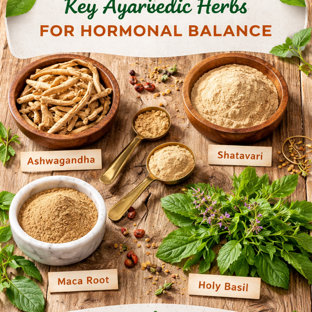 A collection of dried ayurvedic herbs including ashwagandha root, shatavari powder, holy basil leaves, and maca root arranged on a rustic wooden table with traditional measuring spoons, creating an educational display of natural hormone-supporting ingredients. Alt: Key ayurvedic herbs for hormonal balance including ashwagandha and shatavari