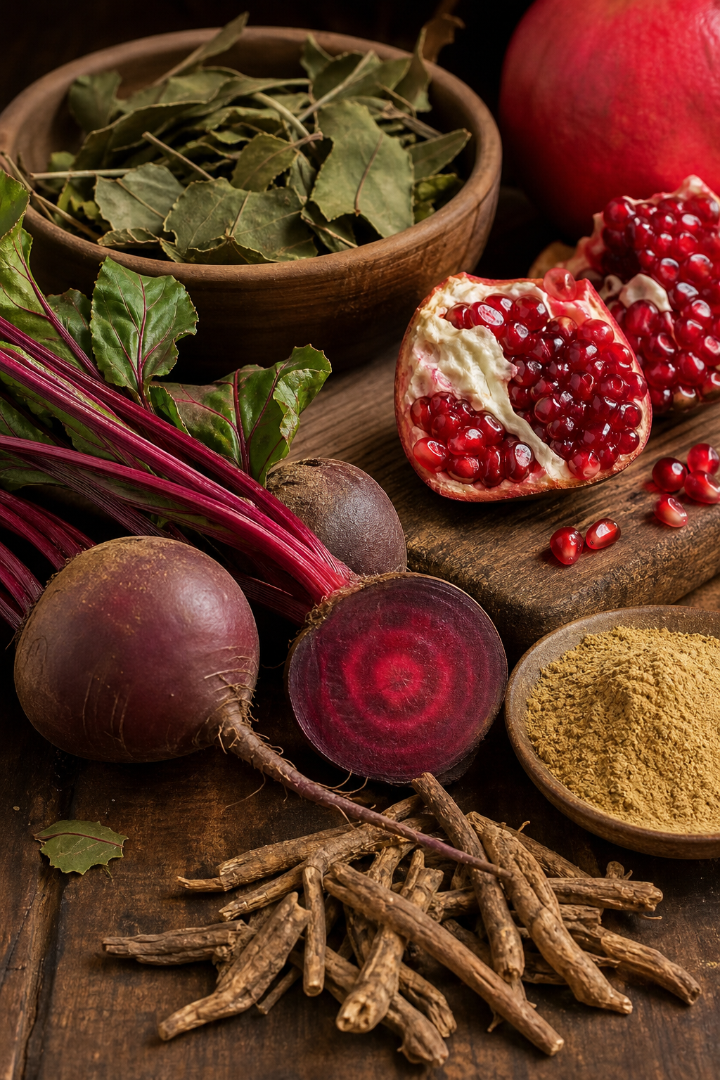 A photorealistic close‑up of natural supplement ingredients like horny goat weed, beetroot, and pomegranate on a wooden tabletop, showing textures and colors, alt=