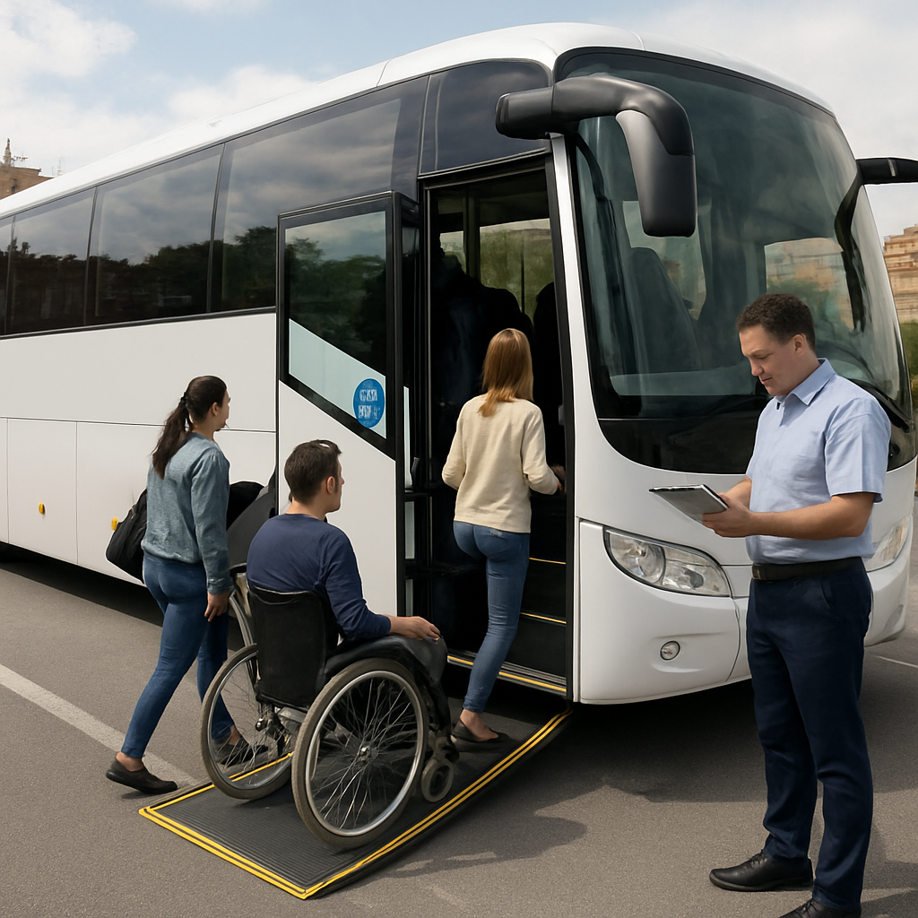 A modern coach with a wheelchair ramp open, passengers boarding, and a driver checking paperwork. Alt: Accessible coach with wheelchair ramp in Madrid, showcasing licensing and extra services