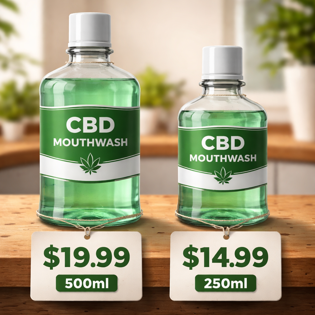 A realistic illustration of two open bottles of liquid side by side on a wooden table, with price tags and milliliter measurements. Alt: price comparison for CBD mouthwash
