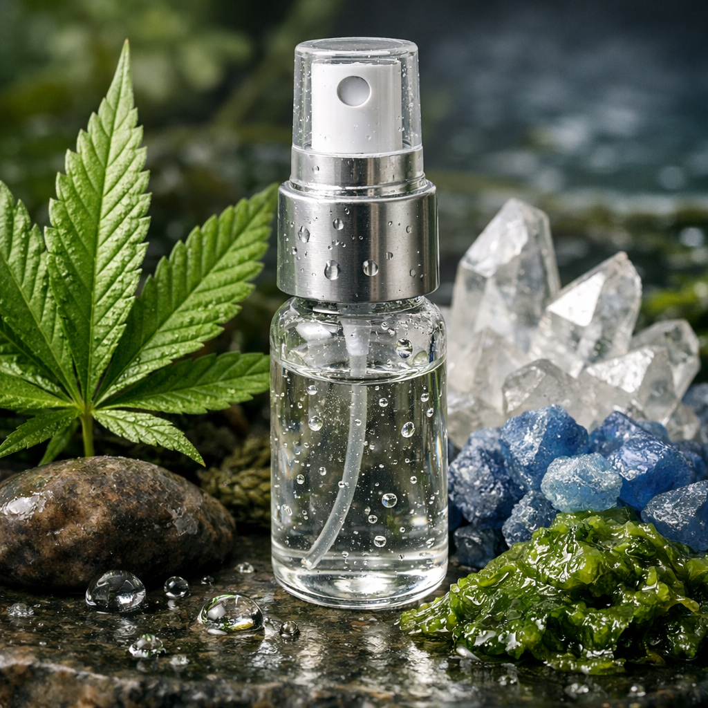 A realistic close‑up of a clear glass vial with droplets of liquid, surrounded by natural ingredients like hemp leaf, mineral crystals, and algae, representing potency and dosage. Alt: CBD oral spray potency illustration