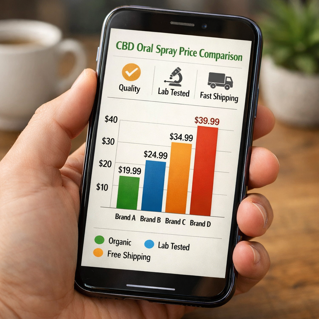 A realistic illustration of a hand holding a smartphone showing a price comparison chart for CBD oral sprays, with icons for quality, testing, and shipping. Alt: CBD oral spray price comparison visual