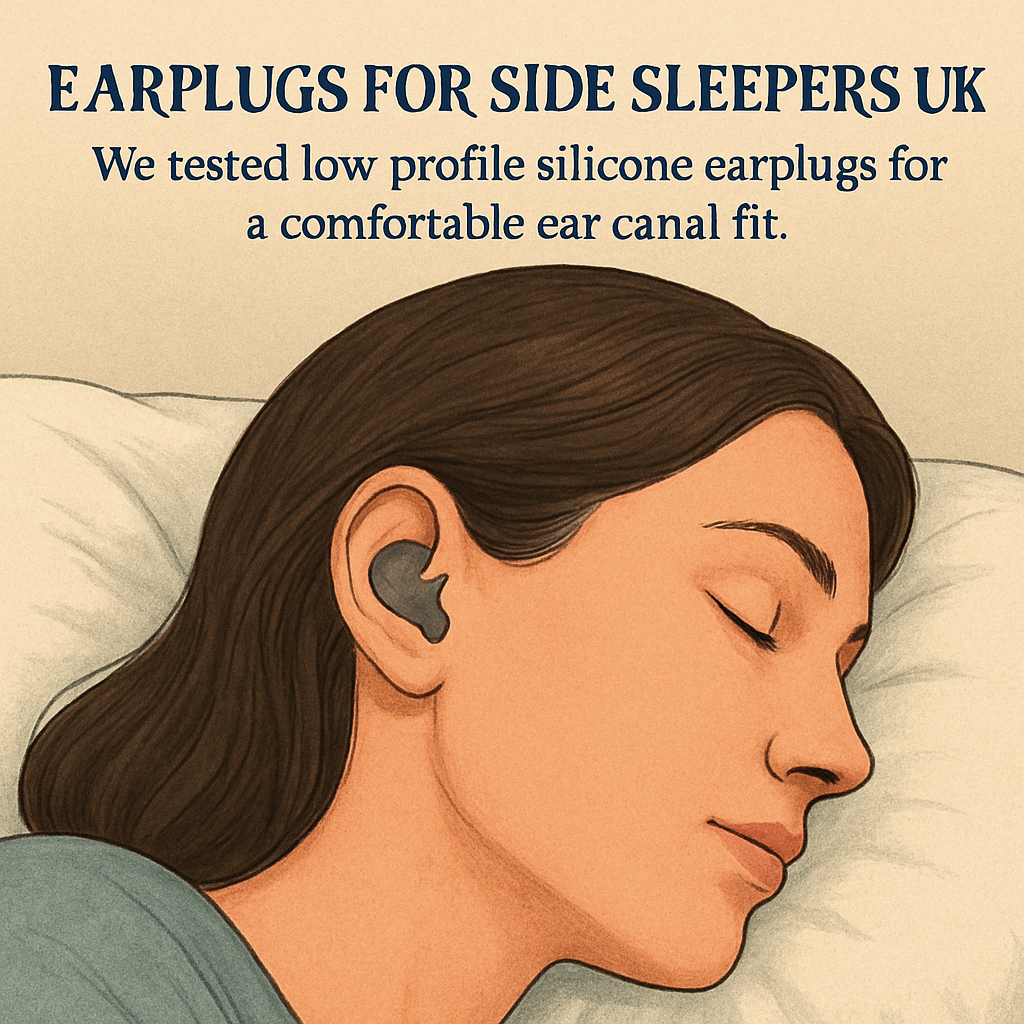 A side sleeper lying on a plush pillow, with a close‑up of a low‑profile silicone earplug snugly fitting the ear canal. Alt: earplugs for side sleepers UK, comfortable ear canal fit