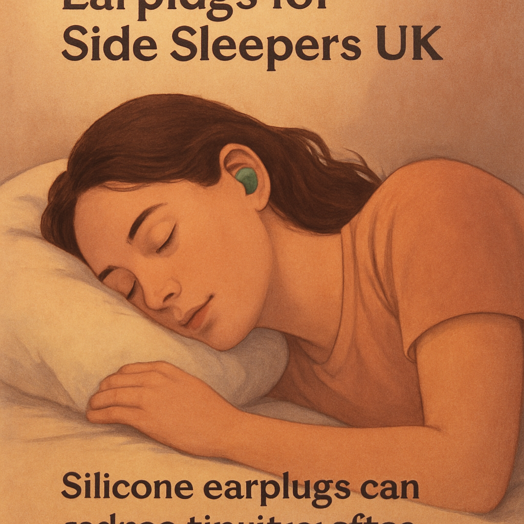 A side sleeper wearing silicone earplugs after a music festival, soft lighting, emphasizing quiet recovery. Alt: earplugs for side sleepers reducing tinnitus after festivals.