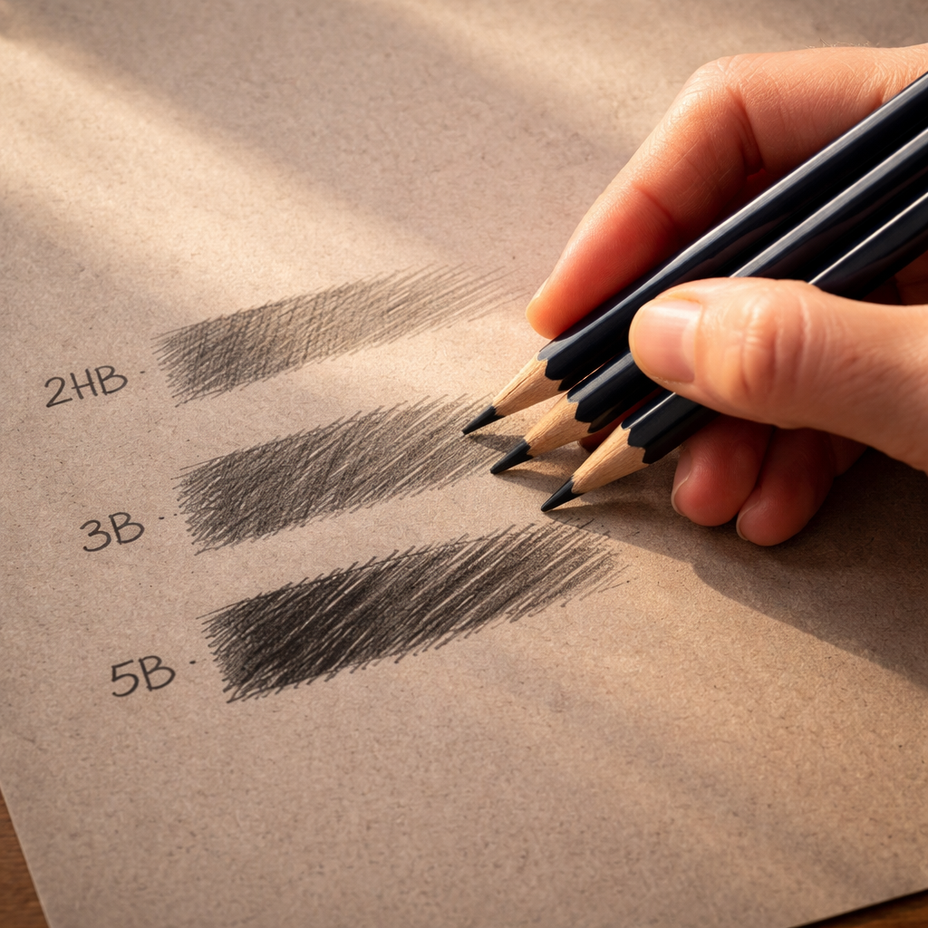 A photorealistic scene of an artist’s hand holding three graphite pencils (2HB, 3B, 5B) over a warm gray toned drawing paper, the hand lightly dragging each pencil to show different pressure levels, natural daylight highlighting the paper’s texture and the varying darkness of the strokes. Alt: Matching pencil lead to desired depth and contrast on toned paper.