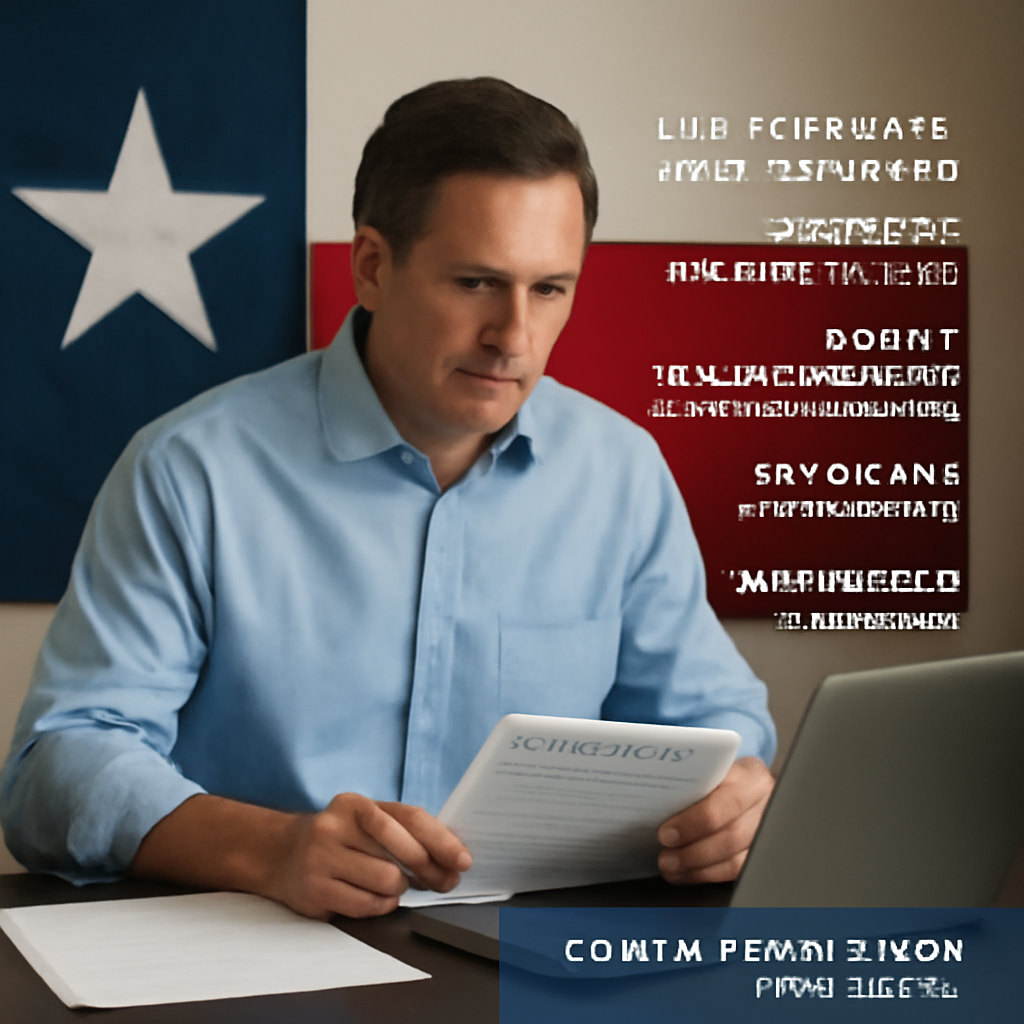 A small business owner in a Texas office reviewing health insurance documents with a laptop, surrounded by a Texas flag backdrop. Alt: Texas small business owner analyzing group health insurance documents.