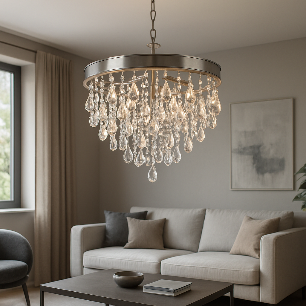 A crystal raindrop chandelier hanging above a modern living room, showcasing brushed nickel frame and sparkling K9 crystals. Alt: crystal raindrop chandelier design materials
