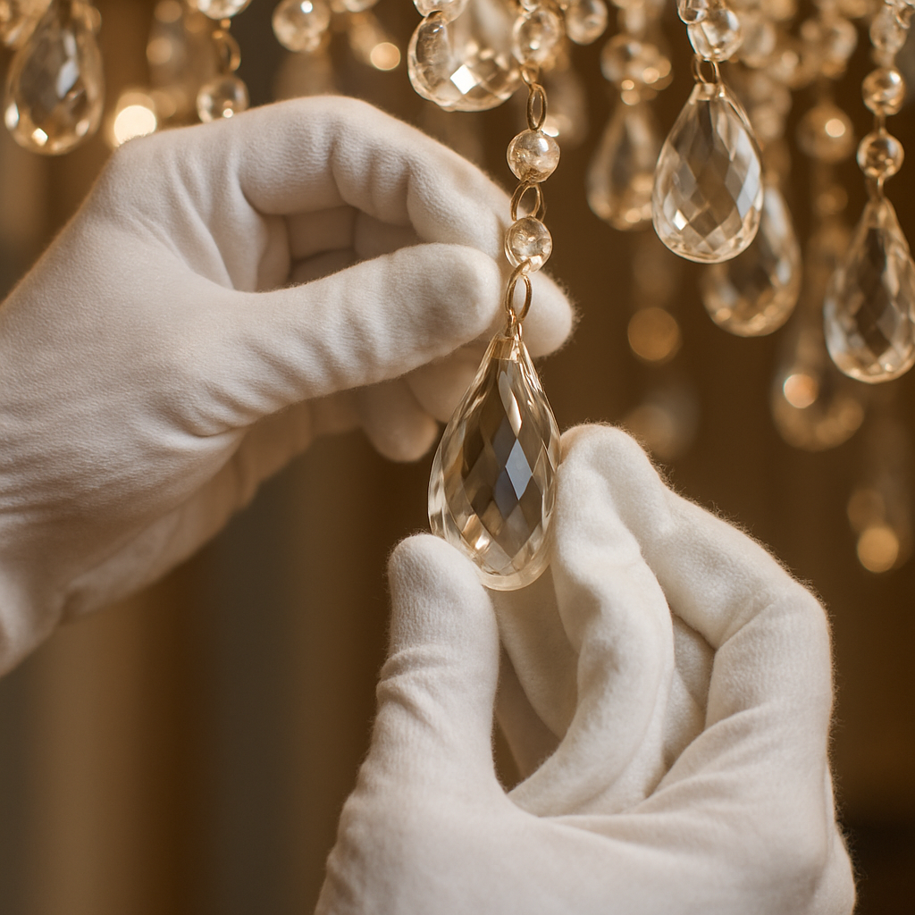 A close‑up of hands in white cotton gloves gently wiping crystal drops of a chandelier, soft light reflecting off the facets. Alt: crystal raindrop chandelier cleaning tips.
