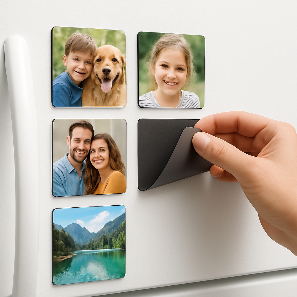 A bright kitchen fridge with magnetic photo tiles being gently lifted off, showing the magnetic wall pad underneath. Alt: magnetic photo tiles removal and maintenance guide