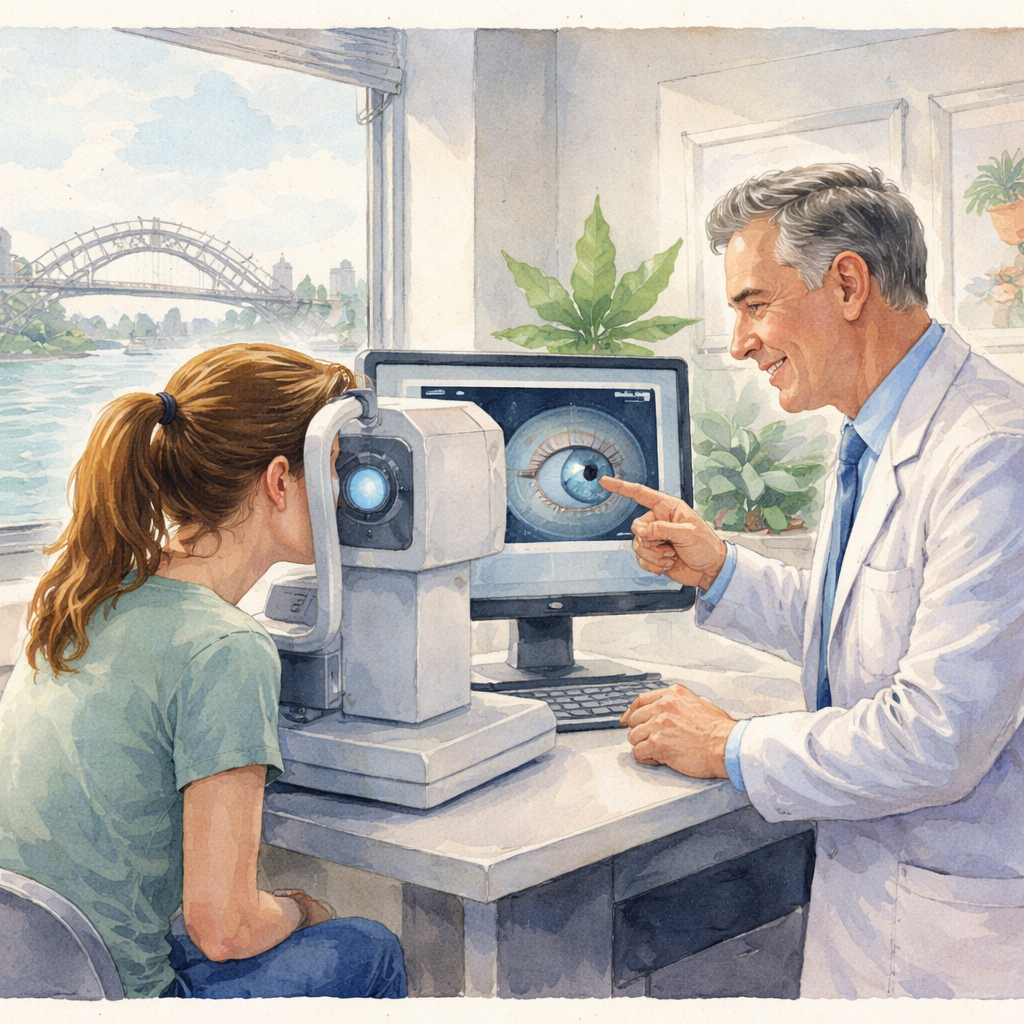 A Watercolor painting of a modern ophthalmology clinic room, showing a patient seated at a biometry machine with a gentle light beam scanning the eye, a friendly doctor explaining the screen, and a view of Sydney Harbour through a window, emphasizing calm and precision. Alt: Pre‑operative eye measurement in Sydney clinic watercolor.