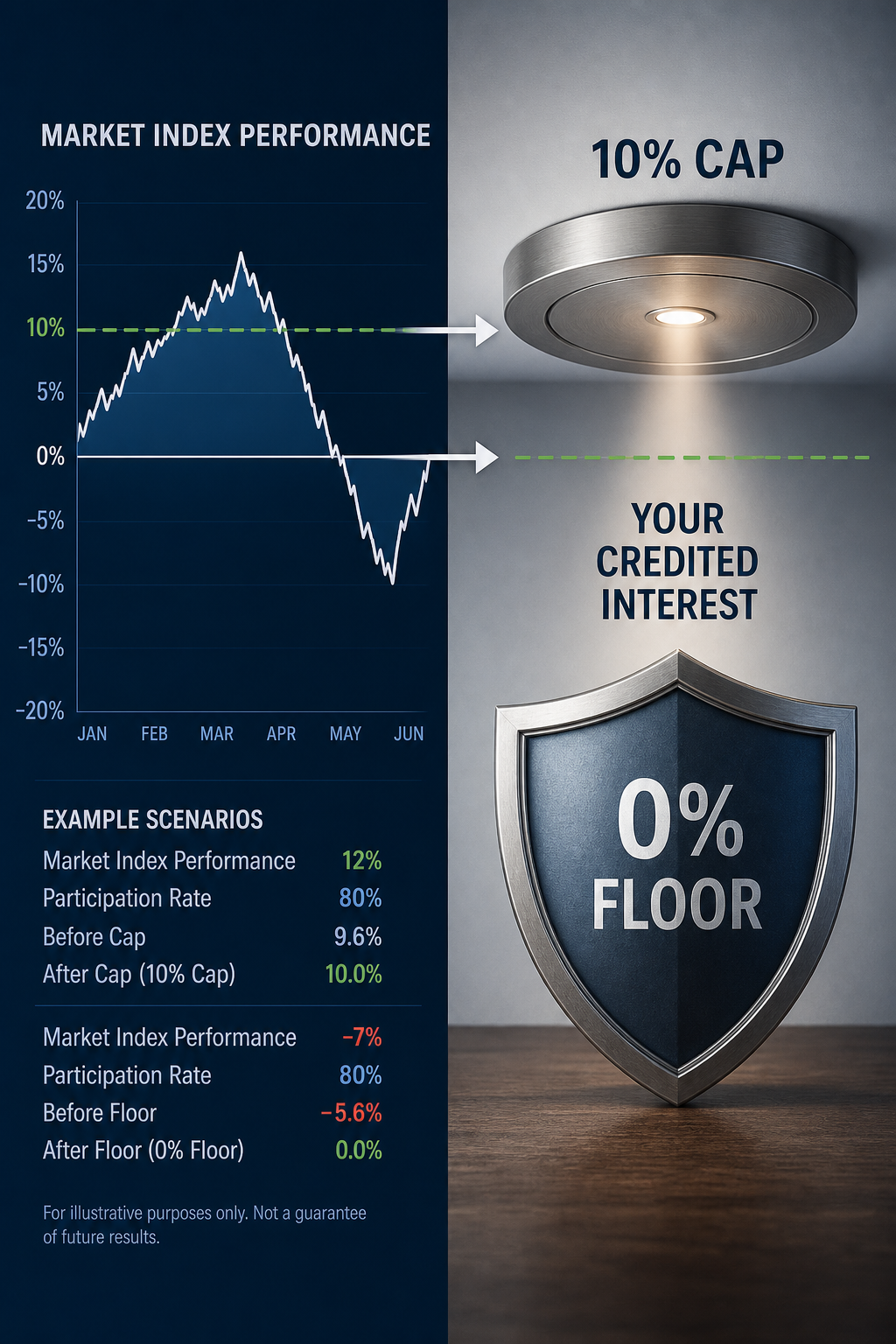 A photorealistic image of a middle-aged couple sitting at a kitchen table with financial documents, a calculator, and a coffee mug, reviewing retirement plans. Alt: Assessing retirement income needs for IUL policy selection.