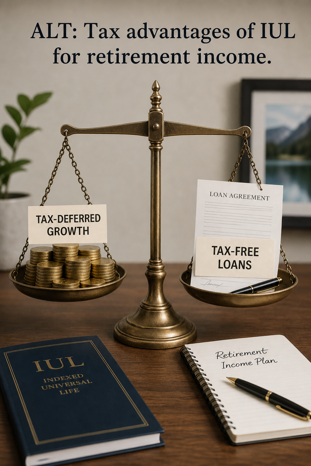 A photorealistic image of a retirement timeline chart on a desk, with a laptop showing an IUL illustration, glasses, and a pen. Alt: Retirement timeline and withdrawal strategy for IUL policy.